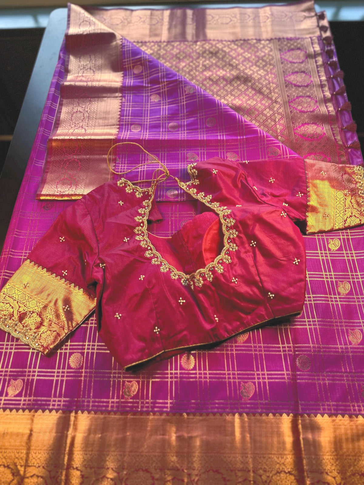 Premium Kanjivaram Semi Silk Saree with Maggam Work Blouse, Ready-to-wear, Shipping from US, Partywear,  Wedding Saree.