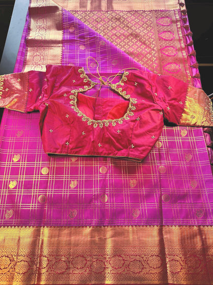 Premium Kanjivaram Semi Silk Saree with Maggam Work Blouse, Ready-to-wear, Shipping from US, Partywear,  Wedding Saree.