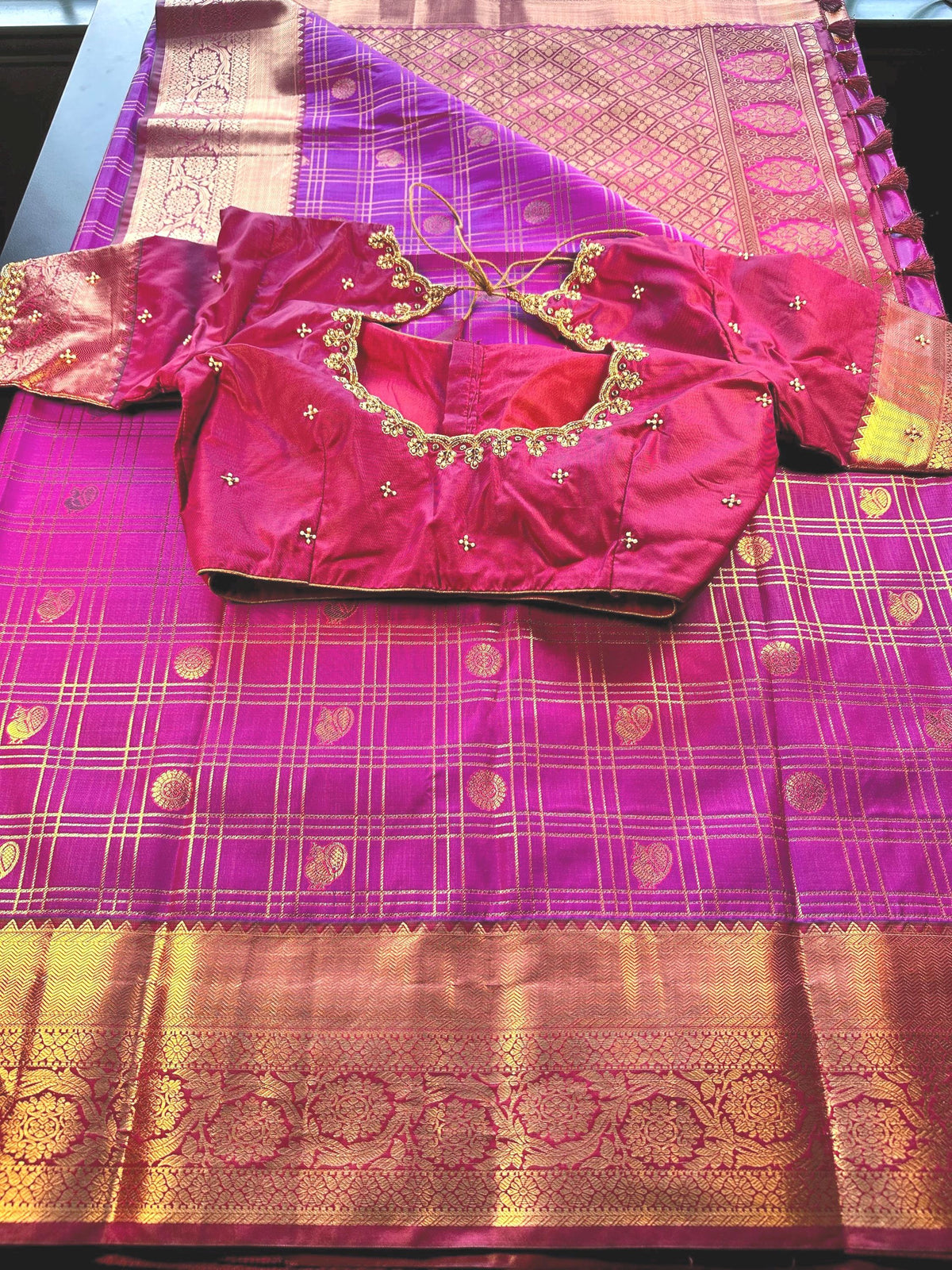 Premium Kanjivaram Semi Silk Saree with Maggam Work Blouse, Ready-to-wear, Shipping from US, Partywear,  Wedding Saree.