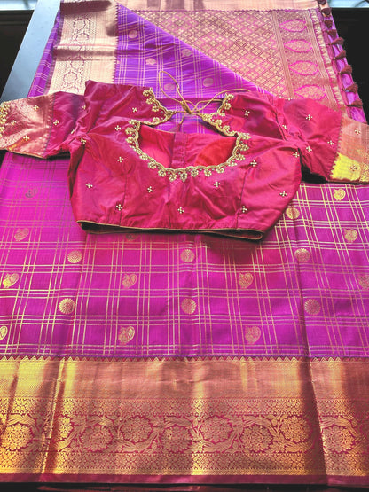 Premium Kanjivaram Semi Silk Saree with Maggam Work Blouse, Ready-to-wear, Shipping from US, Partywear,  Wedding Saree.