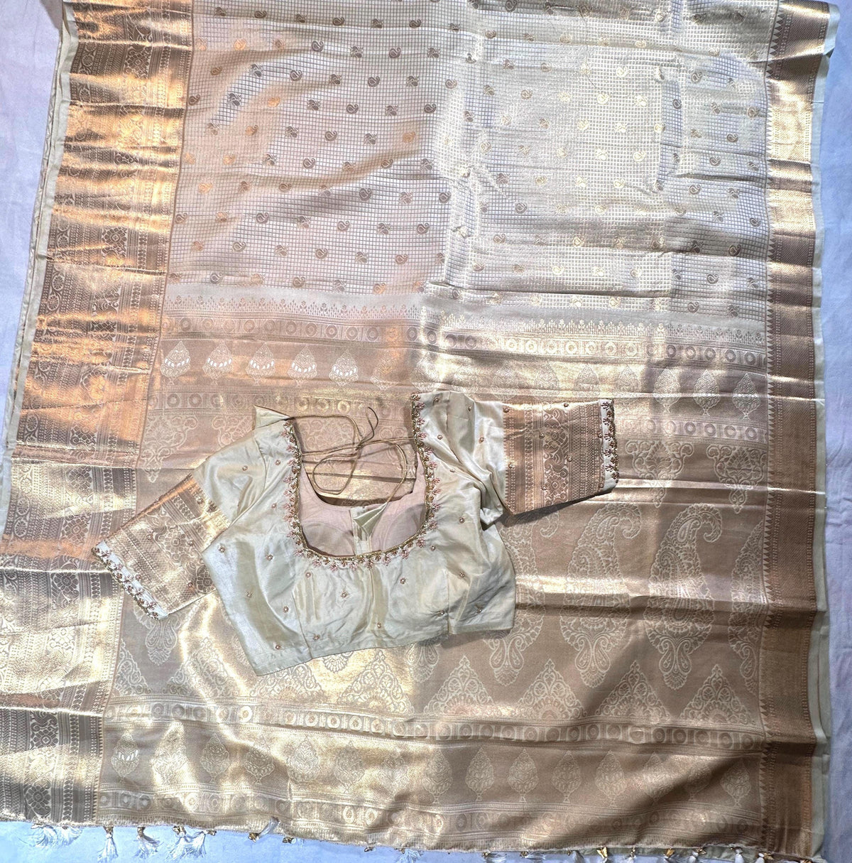 Pastel Shade Cream Premium Kanchivaram Semi Silk Saree with Maggam Work Blouse Ready-to-wear,  Festive wear, Onam Saree