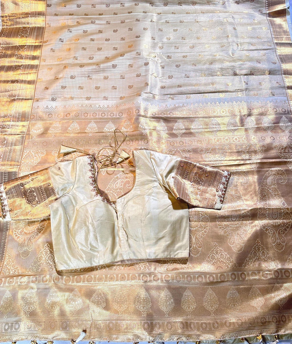 Pastel Shade Cream Premium Kanchivaram Semi Silk Saree with Maggam Work Blouse Ready-to-wear,  Festive wear, Onam Saree