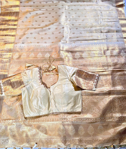 Pastel Shade Cream Premium Kanchivaram Semi Silk Saree with Maggam Work Blouse Ready-to-wear,  Festive wear, Onam Saree