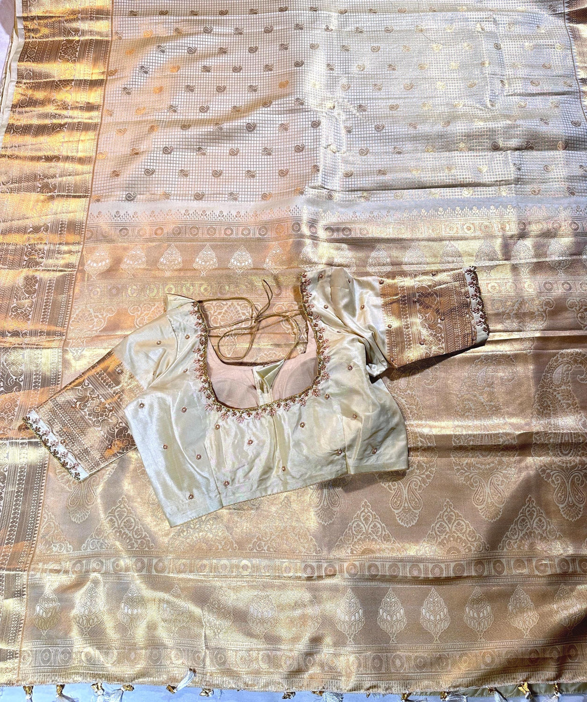 Pastel Shade Cream Premium Kanchivaram Semi Silk Saree with Maggam Work Blouse Ready-to-wear,  Festive wear, Onam Saree