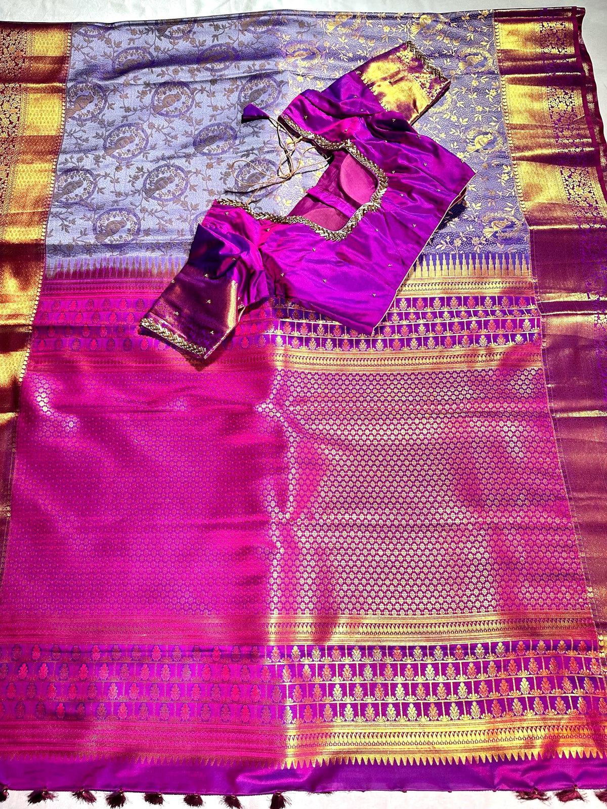 Kanjivaram Premium Silk Saree with stitched maggam work blouse. Partywear, Wedding Wear Saree, Shipping from USA