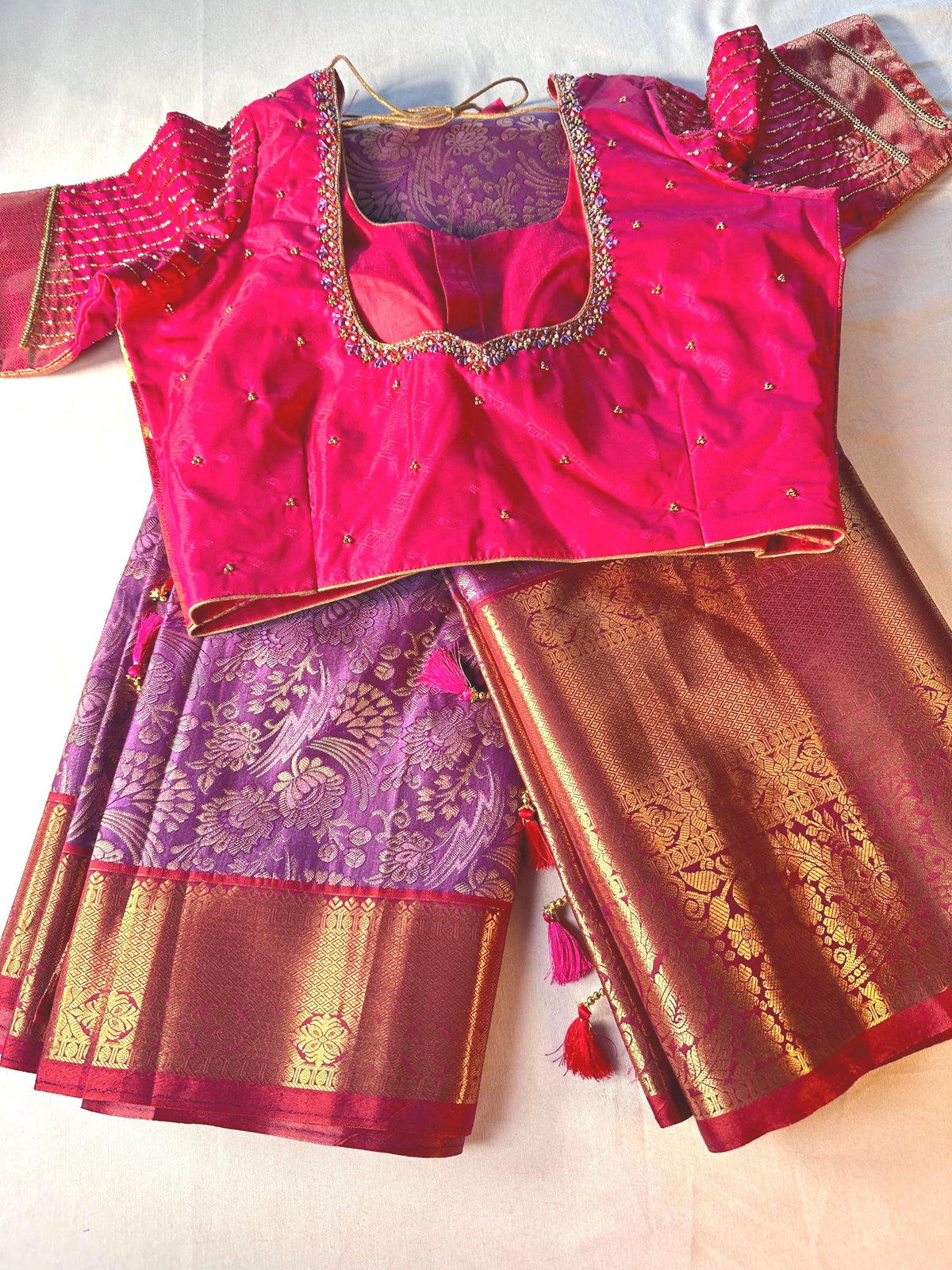 Kanjivaram Premium Kanchi Pattu Silk Saree with Stitched Maggam Work Blouse, Wedding Party Wear