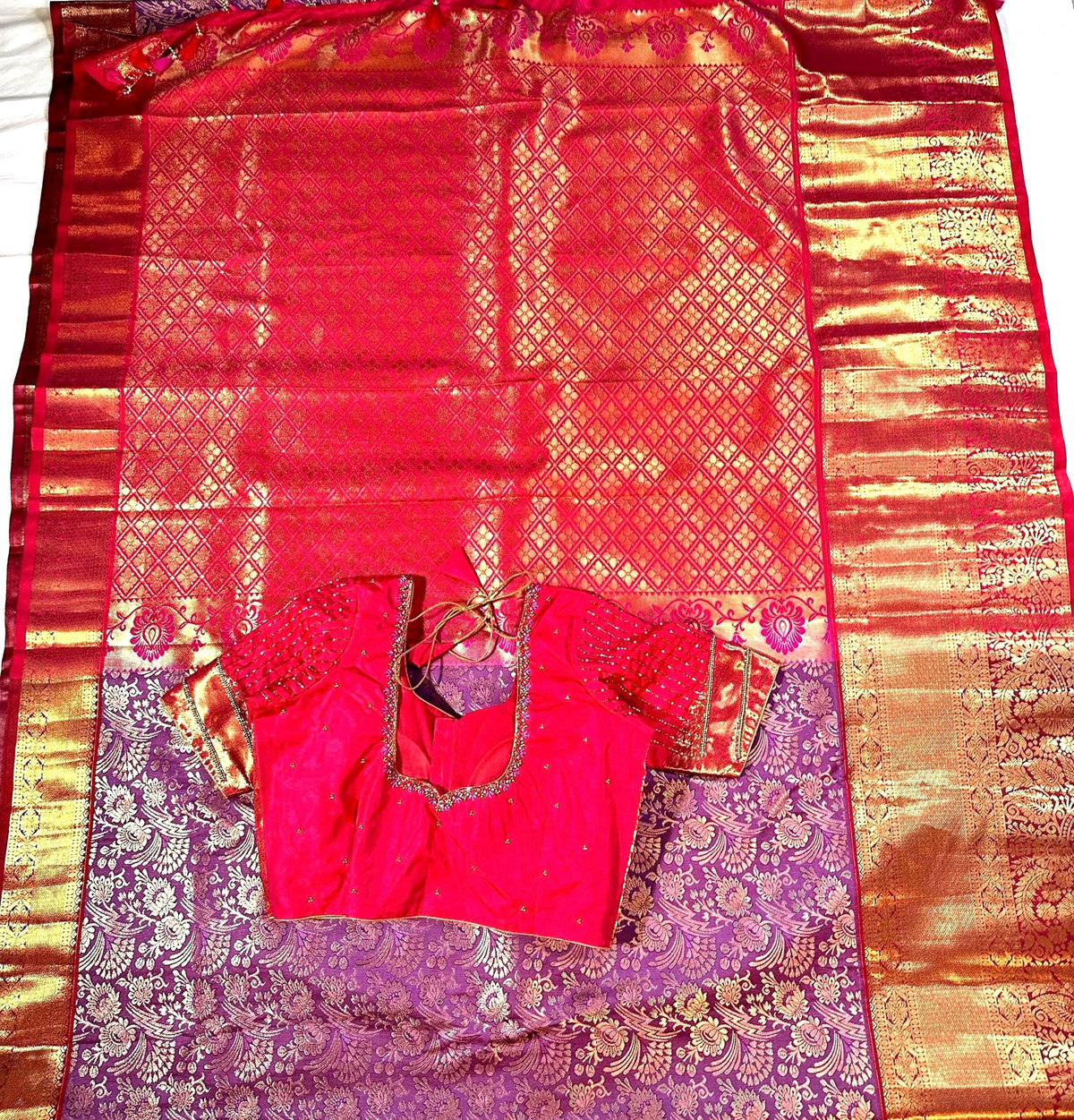 Kanjivaram Premium Kanchi Pattu Silk Saree with Stitched Maggam Work Blouse, Wedding Party Wear