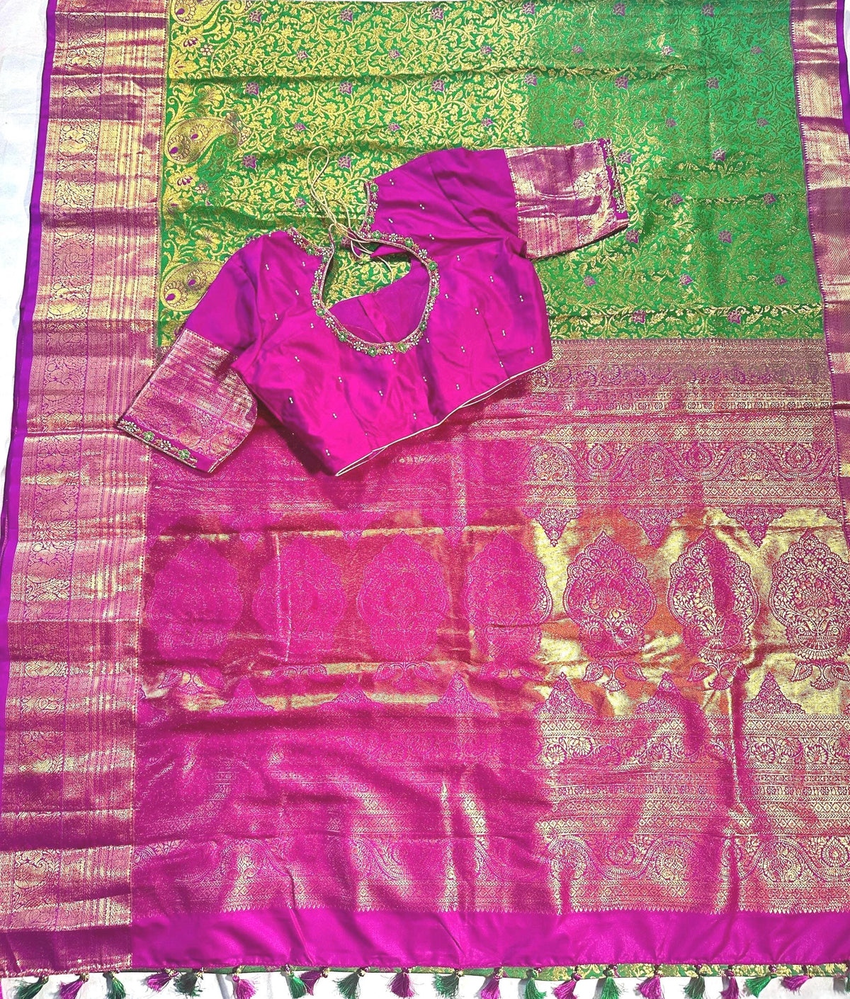 Kanjivaram Premium Silk Saree with Maggam Work Blouse, Ready-to-wear, Shipping from USA