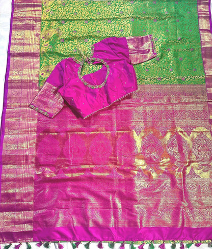 Kanjivaram Premium Silk Saree with Maggam Work Blouse, Ready-to-wear, Shipping from USA