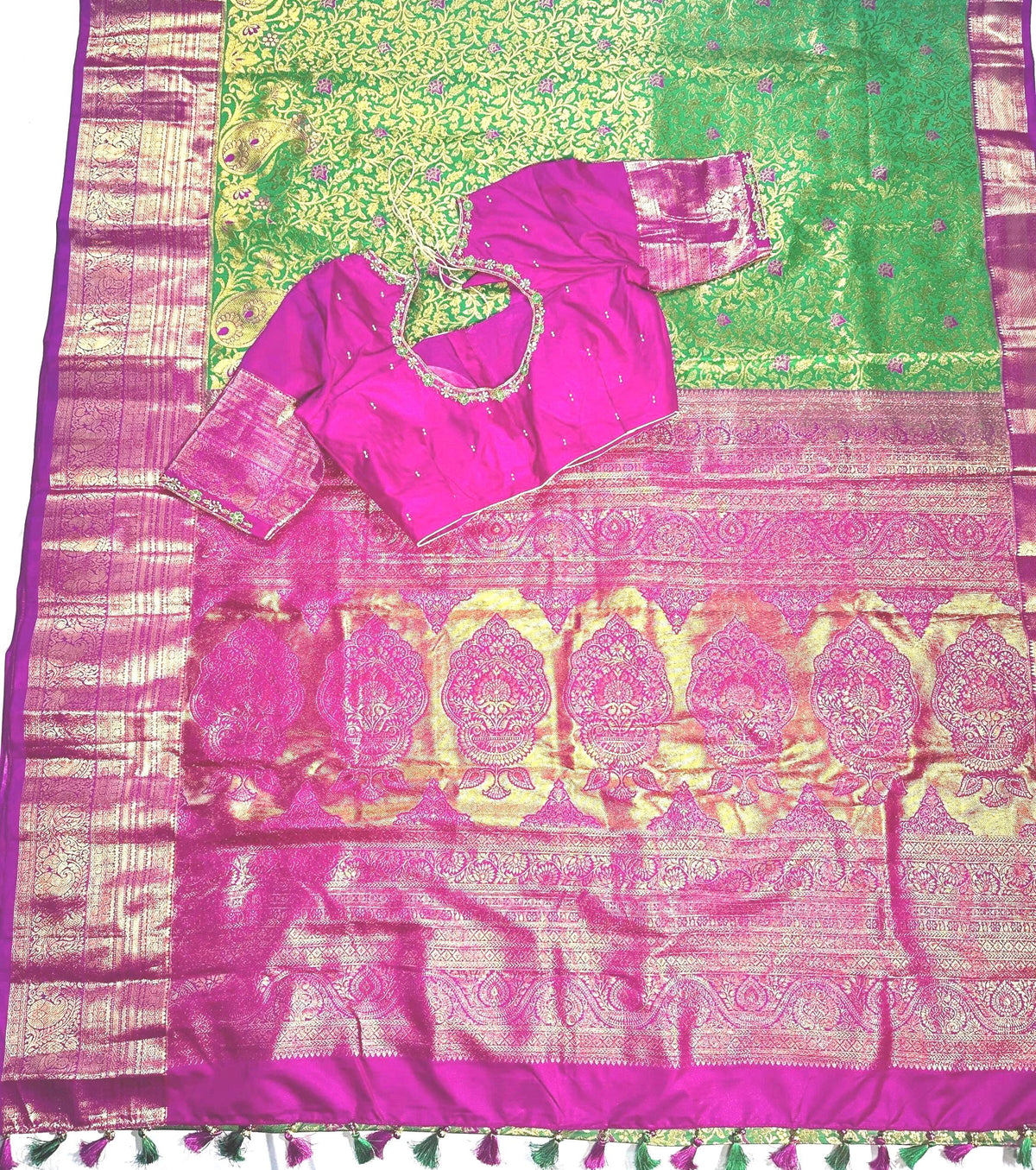 Kanjivaram Premium Silk Saree with Maggam Work Blouse, Ready-to-wear, Shipping from USA