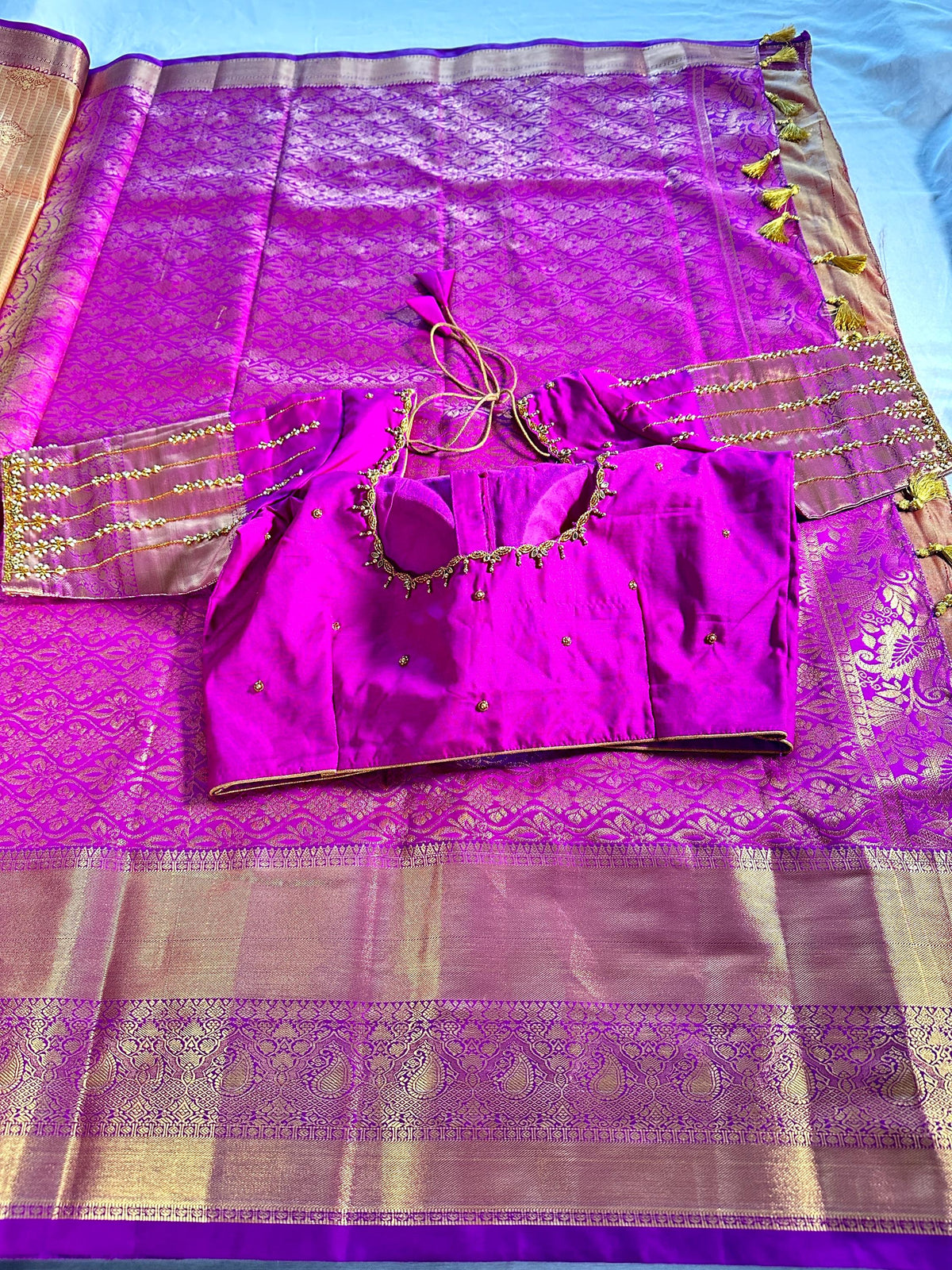 Kanjivaram Premium Semi Silk Saree with Stitched Maggam Work Blouse | Indian Wedding Saree | Ships From USA