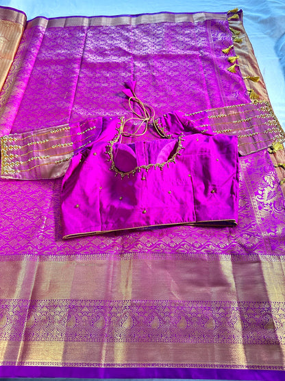 Kanjivaram Premium Semi Silk Saree with Stitched Maggam Work Blouse | Indian Wedding Saree | Ships From USA