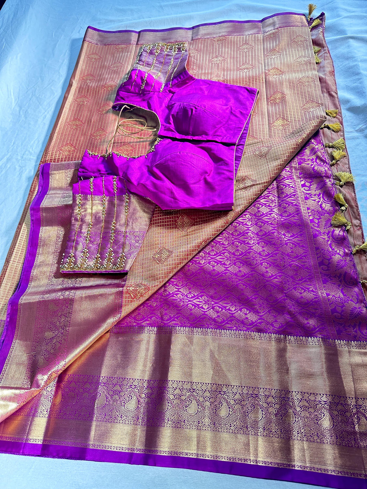 Kanjivaram Premium Semi Silk Saree with Stitched Maggam Work Blouse | Indian Wedding Saree | Ships From USA