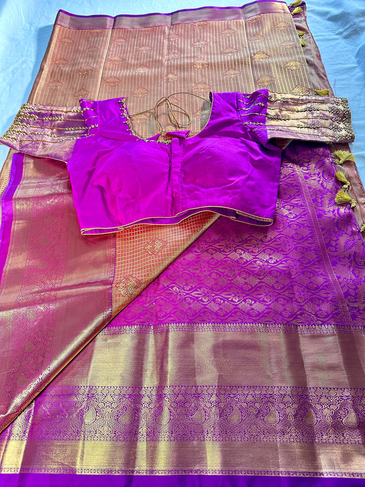 Kanjivaram Premium Semi Silk Saree with Stitched Maggam Work Blouse | Indian Wedding Saree | Ships From USA