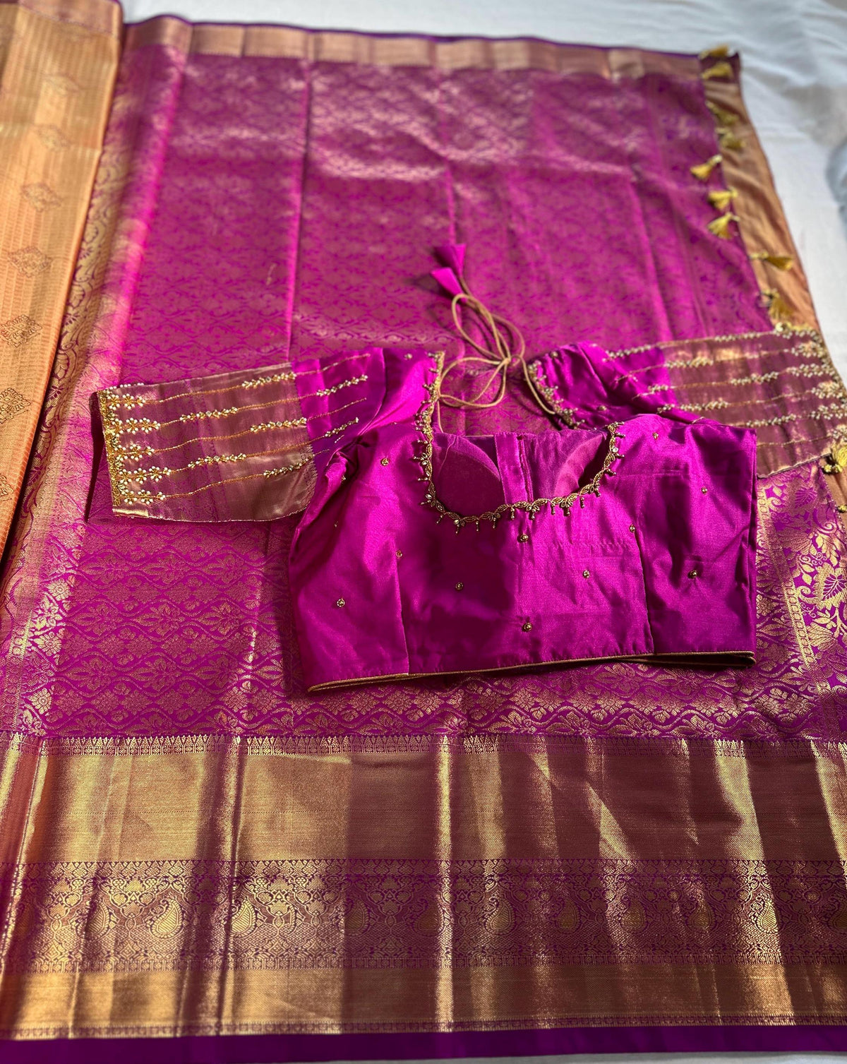 Kanjivaram Premium Semi Silk Saree with Stitched Maggam Work Blouse | Indian Wedding Saree | Ships From USA