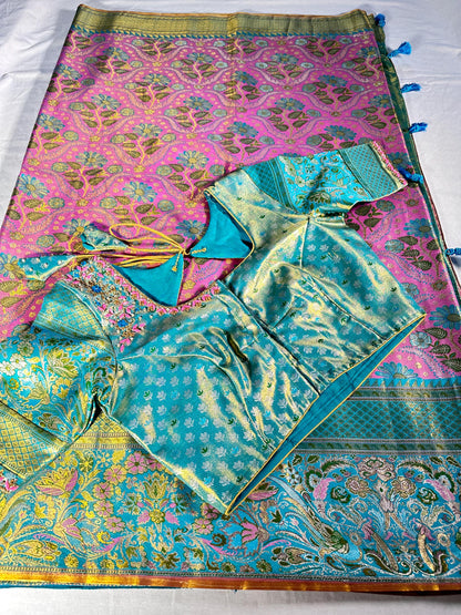 Meenakari Kanchipattu Semi Silk Saree | Floral Weaving Zari, Wedding Wear Ready to Wear | Maggam Work Blouse USA