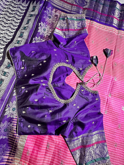 Handloom Gadwal Pure Silk Saree Pink & Purple | Zari Woven Wedding Saree |  Hand Maggam Work Blouse | Indian Silk Saree | USA Shipping
