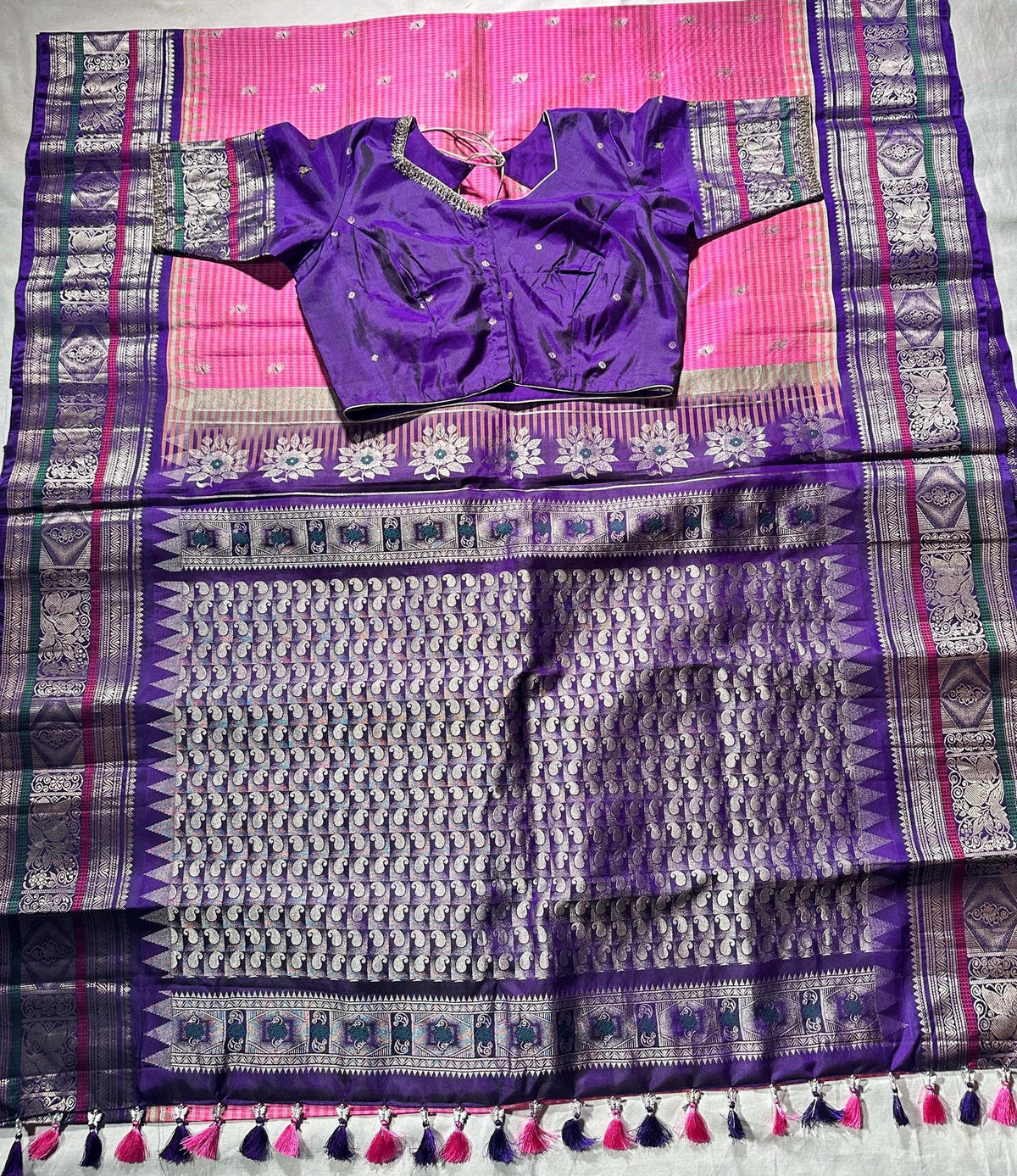 Handloom Gadwal Pure Silk Saree Pink & Purple | Zari Woven Wedding Saree |  Hand Maggam Work Blouse | Indian Silk Saree | USA Shipping
