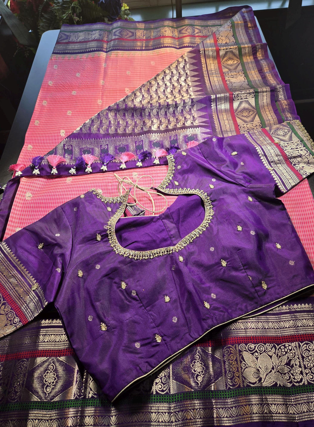 Handloom Gadwal Pure Silk Saree Pink & Purple | Zari Woven Wedding Saree |  Hand Maggam Work Blouse | Indian Silk Saree | USA Shipping