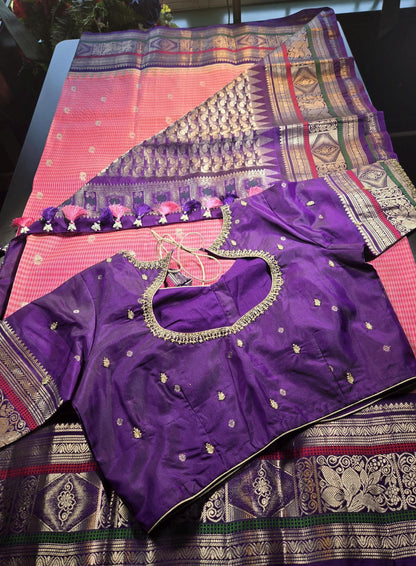 Handloom Gadwal Pure Silk Saree Pink & Purple | Zari Woven Wedding Saree |  Hand Maggam Work Blouse | Indian Silk Saree | USA Shipping