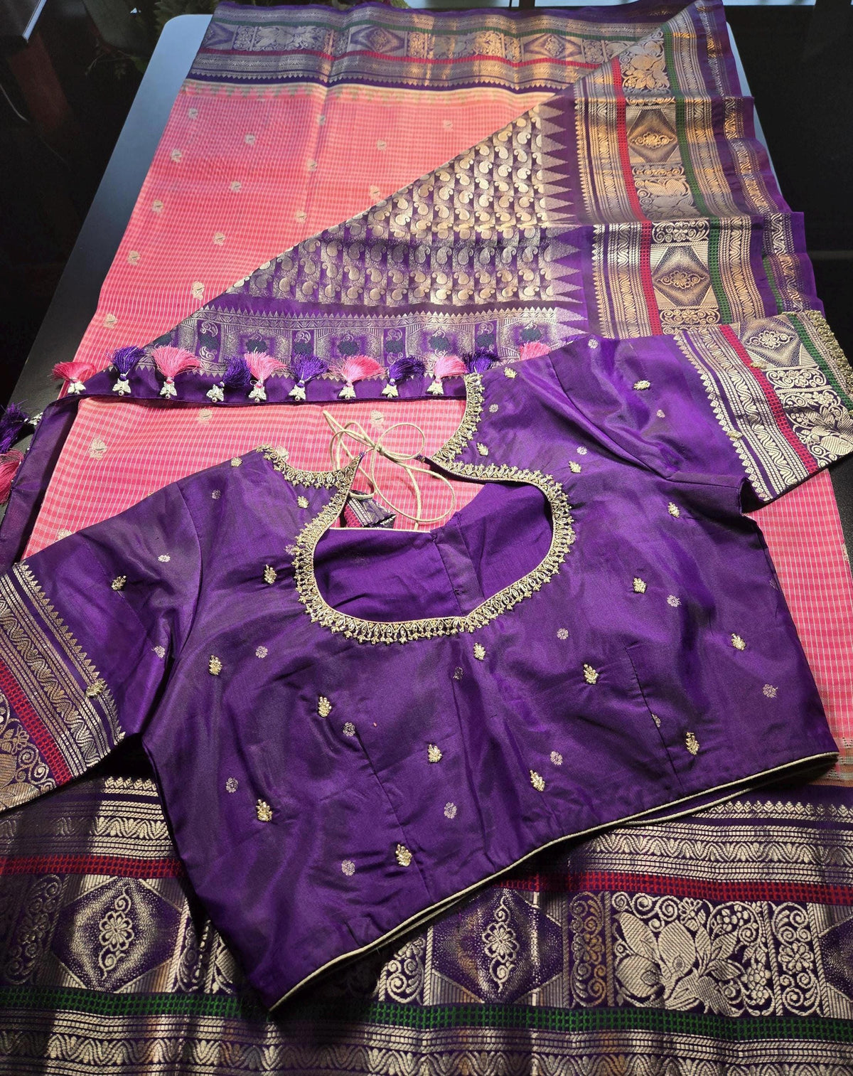 Handloom Gadwal Pure Silk Saree Pink & Purple | Zari Woven Wedding Saree |  Hand Maggam Work Blouse | Indian Silk Saree | USA Shipping