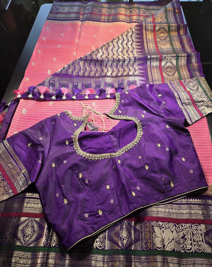 Handloom Gadwal Pure Silk Saree Pink & Purple | Zari Woven Wedding Saree |  Hand Maggam Work Blouse | Indian Silk Saree | USA Shipping