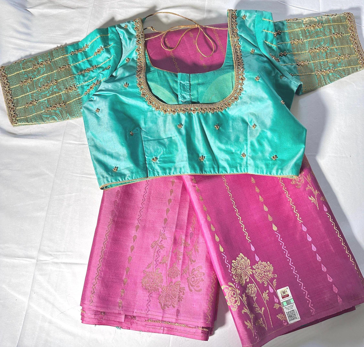 Handloom Kanjivaram Pure Silk Saree with Silk Mark, Stitched Maggam Work Blouse,  Partywear,  Wedding Wear Saree, Shipping from USA
