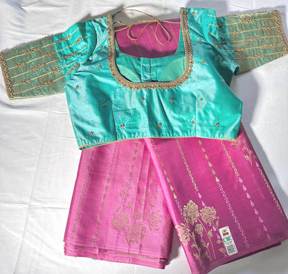 Handloom Kanjivaram Pure Silk Saree with Silk Mark, Stitched Maggam Work Blouse,  Partywear,  Wedding Wear Saree, Shipping from USA