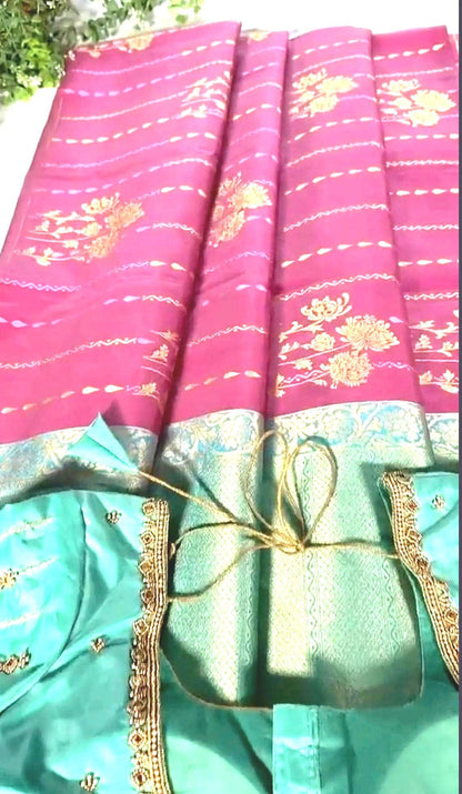 Handloom Kanjivaram Pure Silk Saree with Silk Mark, Stitched Maggam Work Blouse,  Partywear,  Wedding Wear Saree, Shipping from USA