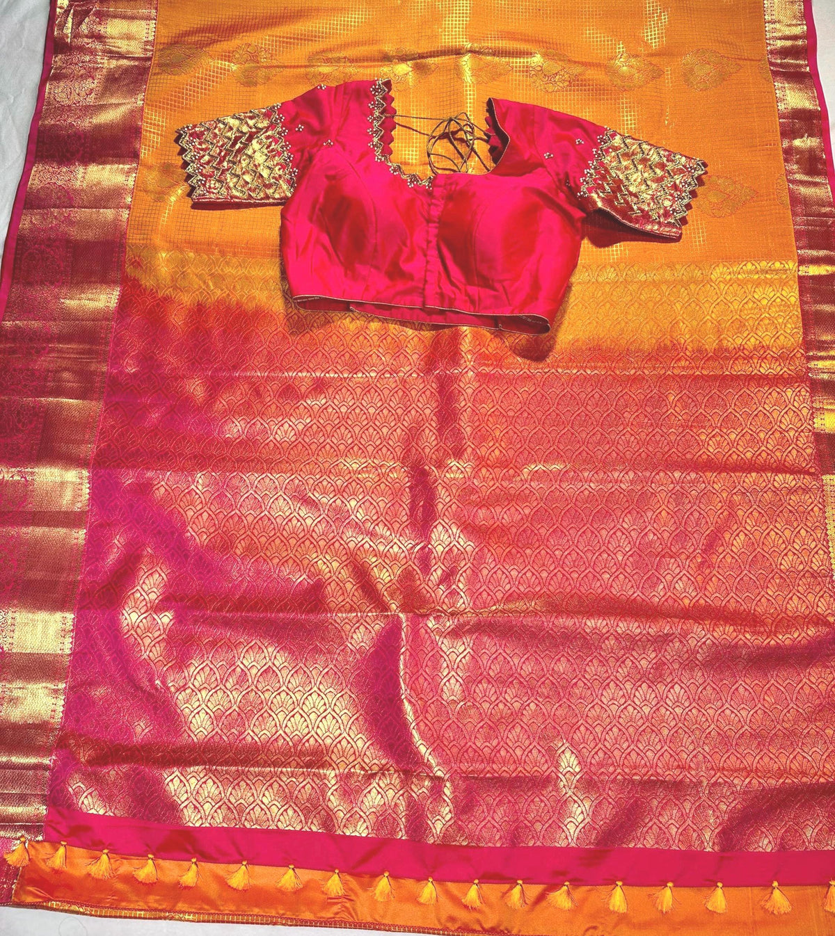 Kanchivaram Premium Semi Silk Saree with Maggam Work Blouse Ready-to-wear, Shipping from USA