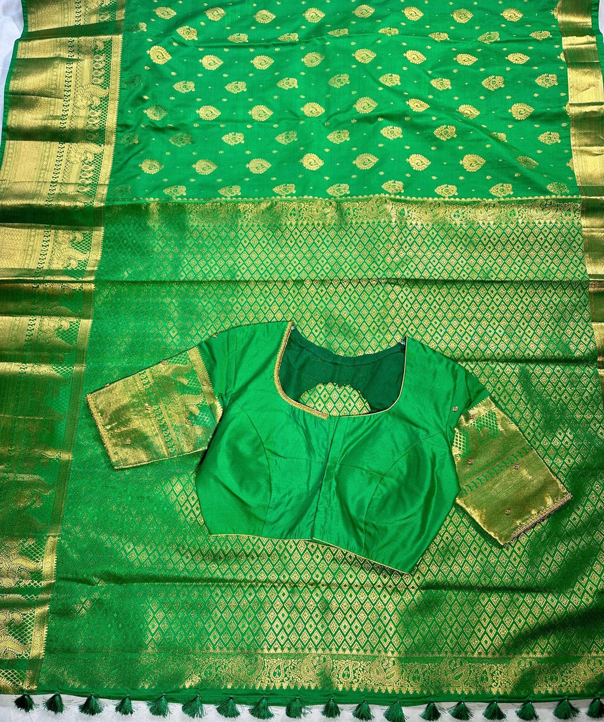 Kanjivaram Premium Semi Silk Saree with Maggam Work Blouse, Ready-to-wear, Shipping from USA