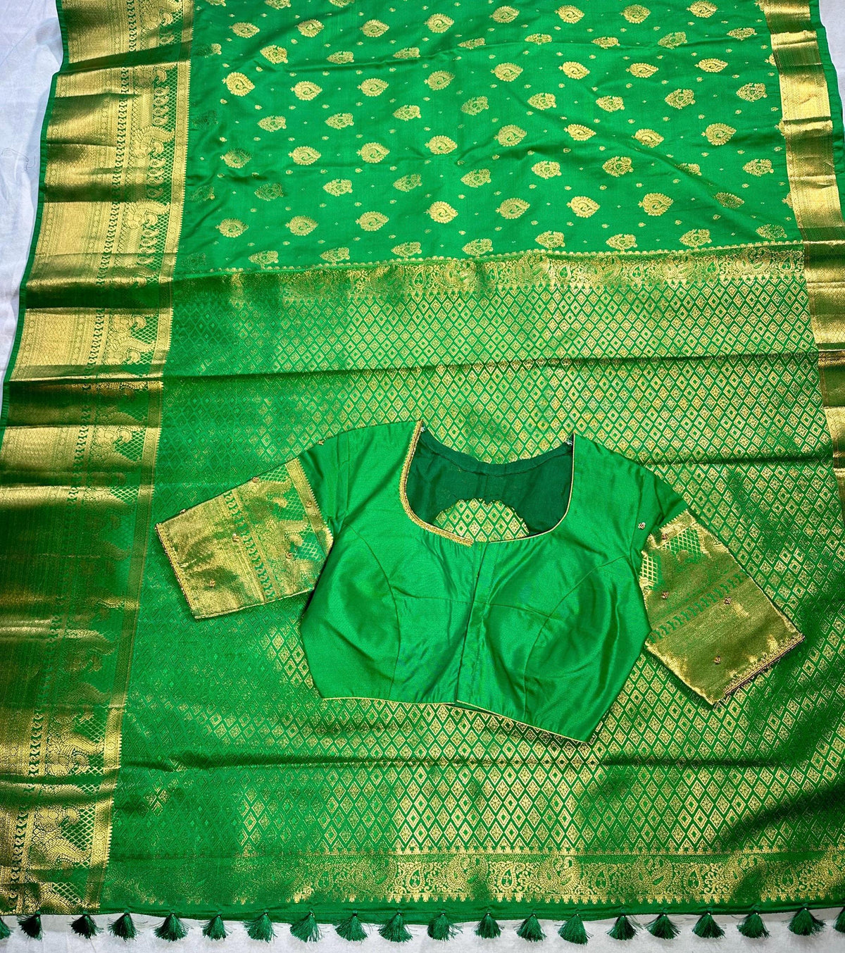 Kanjivaram Premium Semi Silk Saree with Maggam Work Blouse, Ready-to-wear, Shipping from USA