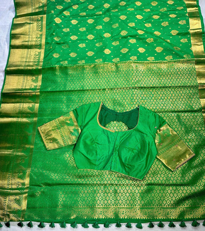 Kanjivaram Premium Semi Silk Saree with Maggam Work Blouse, Ready-to-wear, Shipping from USA
