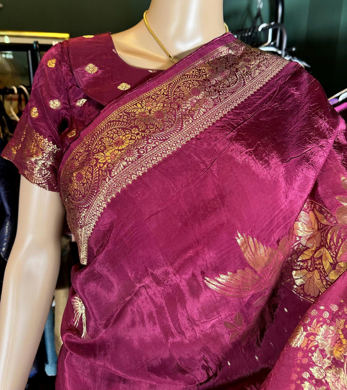 HO Crape Silk Saree with Weaving Pallu & Stitched Designer Collor Neck Blouse, Ready to wear. Dark Maroon Saree Shipping from USA