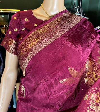 HO Crape Silk Saree with Weaving Pallu & Stitched Designer Collor Neck Blouse, Ready to wear. Dark Maroon Saree Shipping from USA