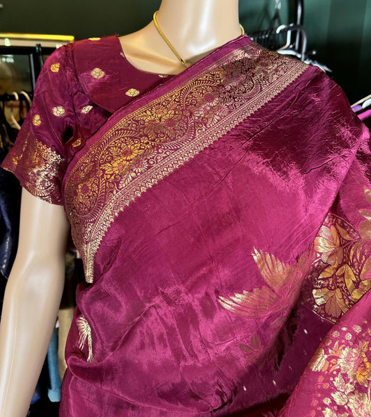 HO Crape Silk Saree with Weaving Pallu & Stitched Designer Collor Neck Blouse, Ready to wear. Dark Maroon Saree Shipping from USA