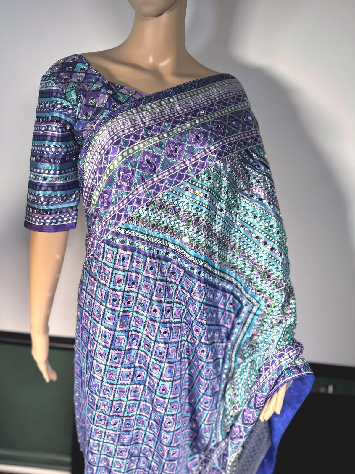 Mirror & Aari Work Chinon Saree with Stitched Blouse –Ready to Wear, Shipping from US