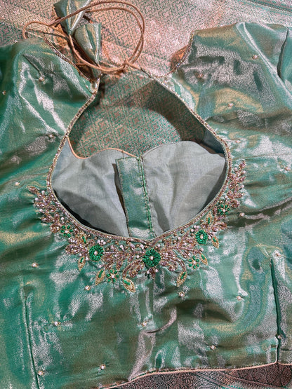 Pastel Shade Meenakari weaving Kanchivaram Semi Silk Saree with Maggam Work Blouse Ready-to-wear, Shipping from USA.