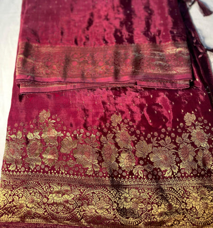 HO Crape Silk Saree with Weaving Pallu & Stitched Designer Collor Neck Blouse, Ready to wear. Dark Maroon Saree Shipping from USA