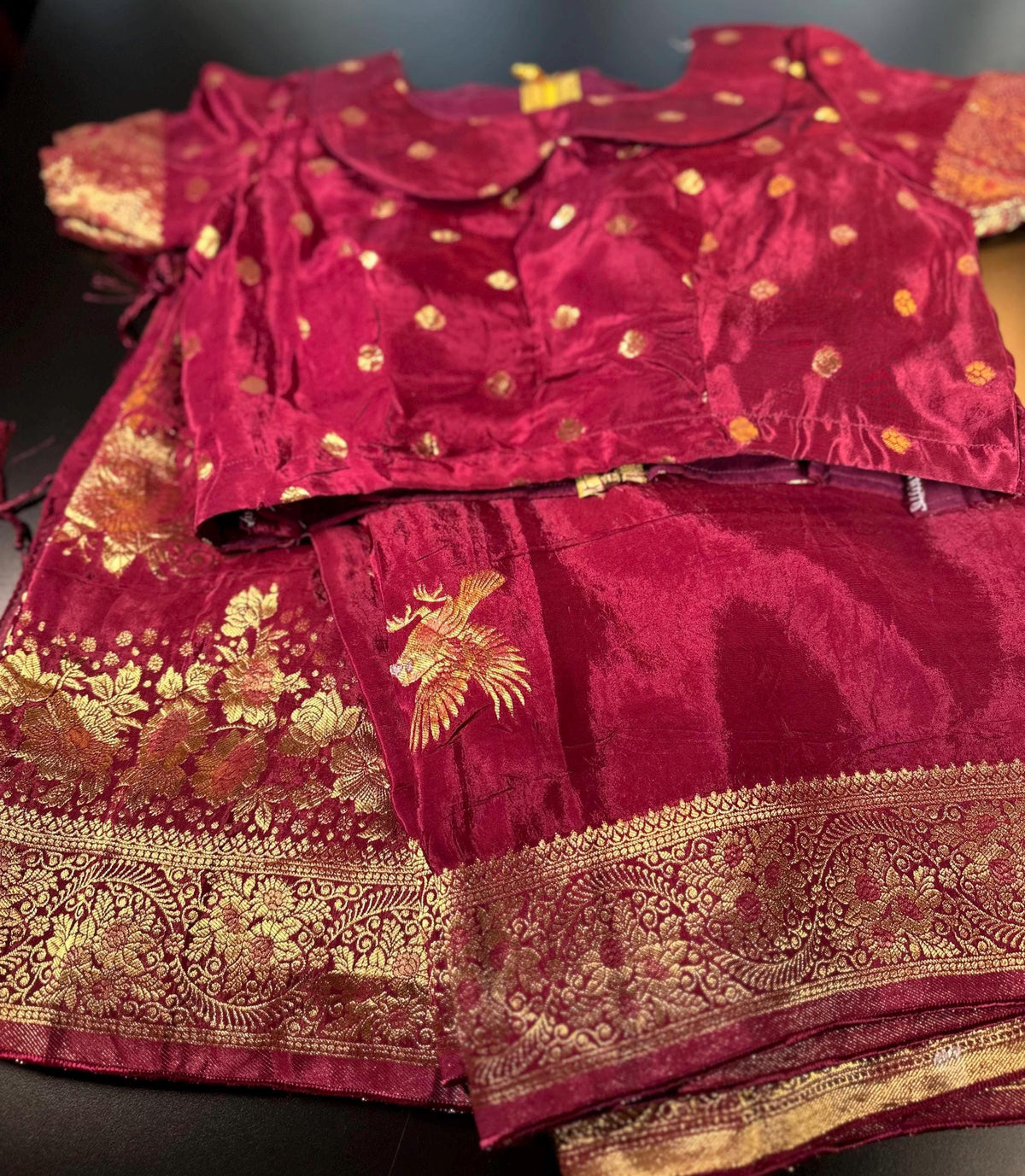 HO Crape Silk Saree with Weaving Pallu & Stitched Designer Collor Neck Blouse, Ready to wear. Dark Maroon Saree Shipping from USA