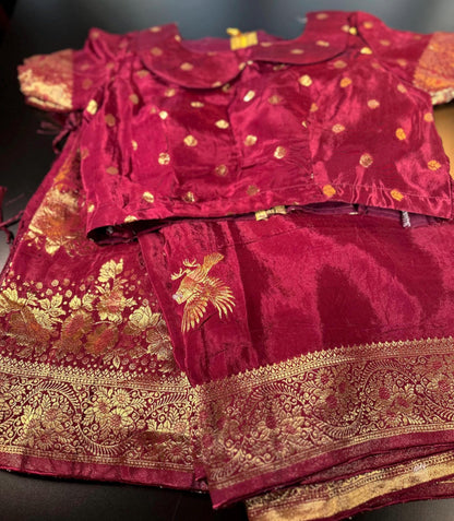 HO Crape Silk Saree with Weaving Pallu & Stitched Designer Collor Neck Blouse, Ready to wear. Dark Maroon Saree Shipping from USA