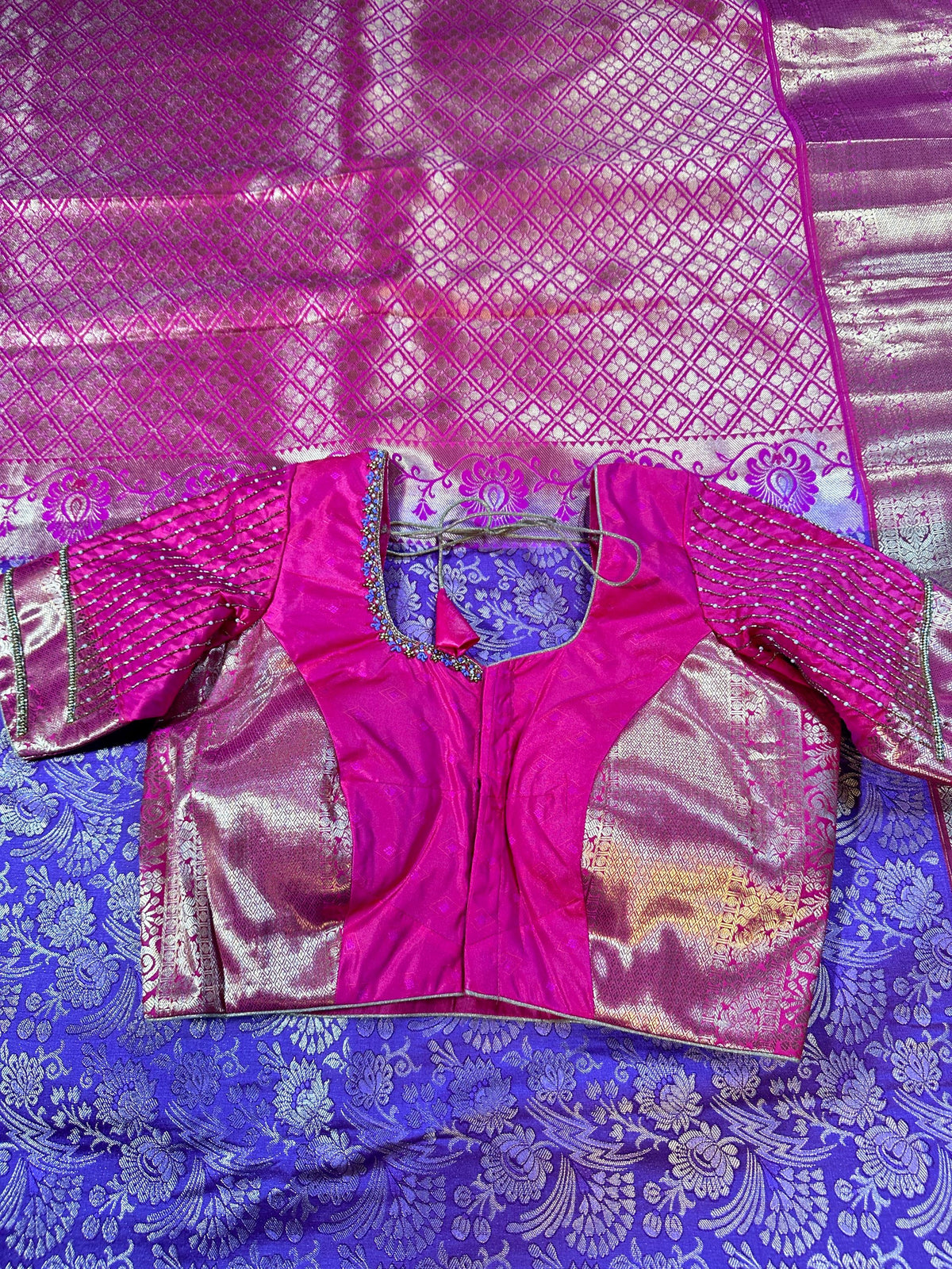 Kanjivaram Premium Kanchi Pattu Silk Saree with Stitched Maggam Work Blouse, Wedding Party Wear