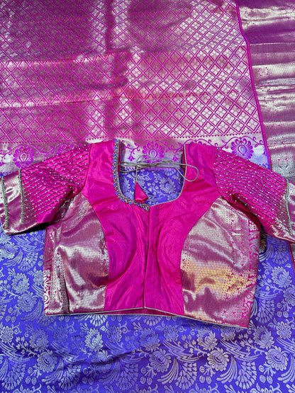 Kanjivaram Premium Kanchi Pattu Silk Saree with Stitched Maggam Work Blouse, Wedding Party Wear