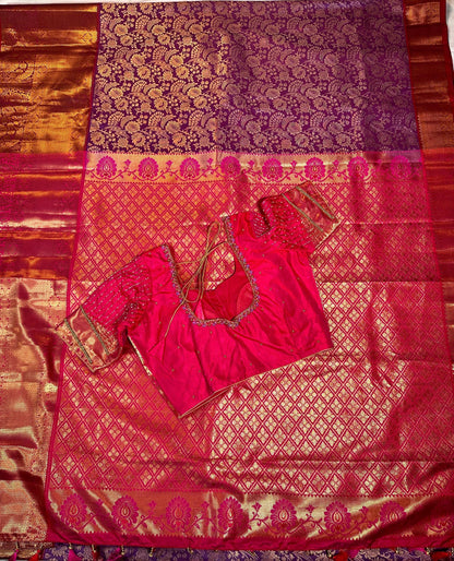 Kanjivaram Premium Kanchi Pattu Silk Saree with Stitched Maggam Work Blouse, Wedding Party Wear