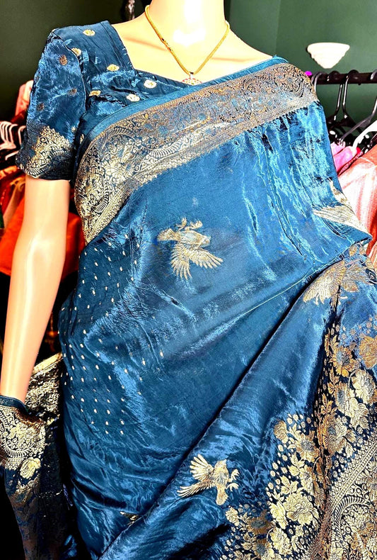 Kanchi Pattu Premium Semi Silk Saree with Stitched Maggam Work Blouse. Ready to wear. Shipping from USA