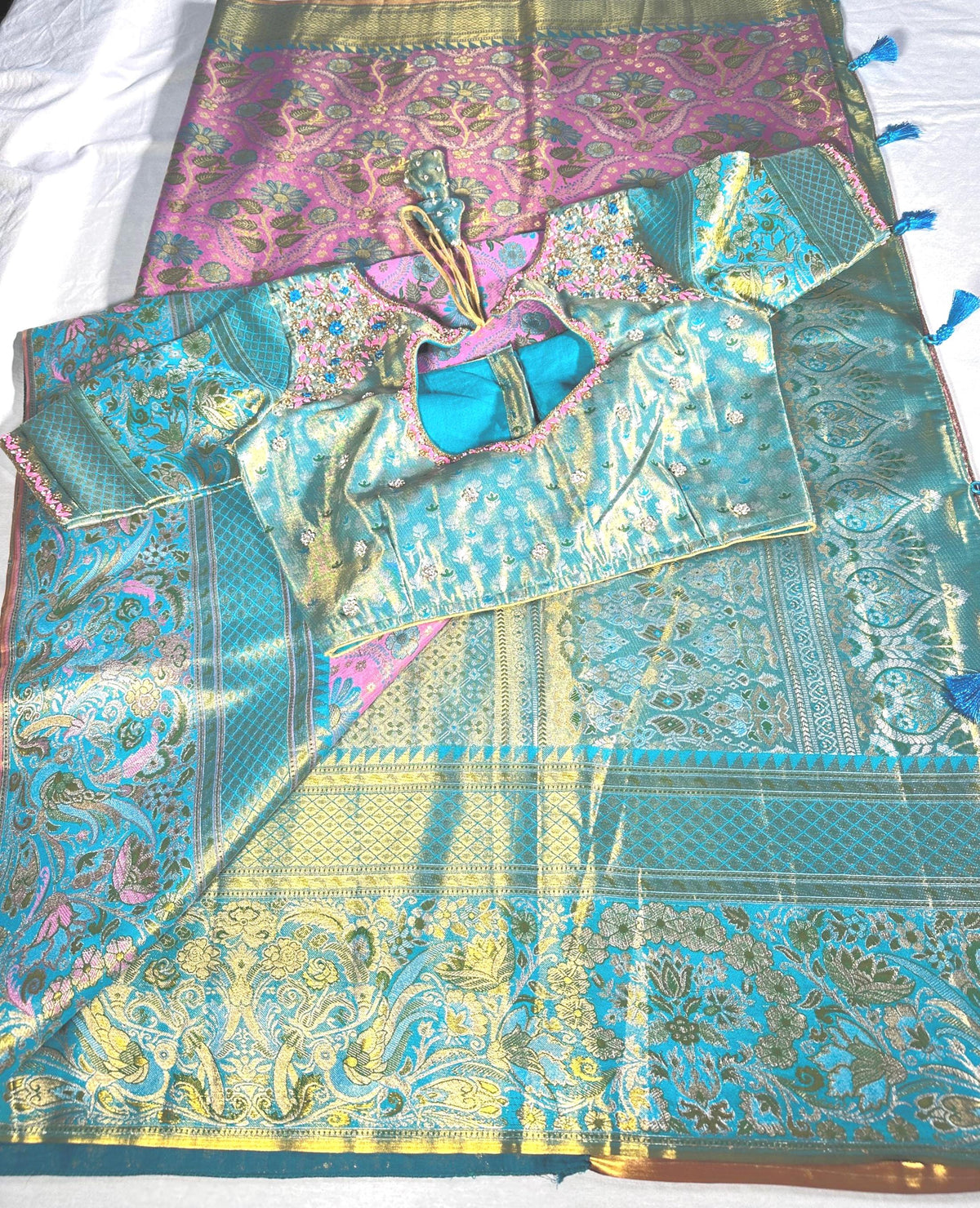 Meenakari Kanchipattu Semi Silk Saree | Floral Weaving Zari, Wedding Wear Ready to Wear | Maggam Work Blouse USA