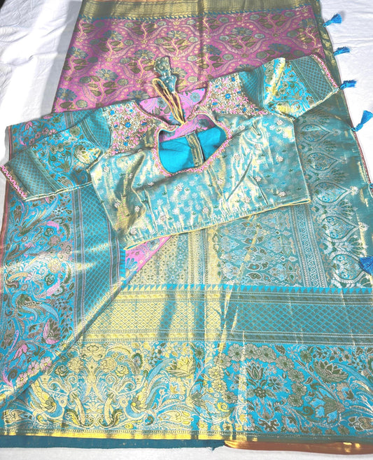 Meenakari Kanchipattu Semi Silk Saree | Floral Weaving Zari, Wedding Wear Ready to Wear | Maggam Work Blouse USA