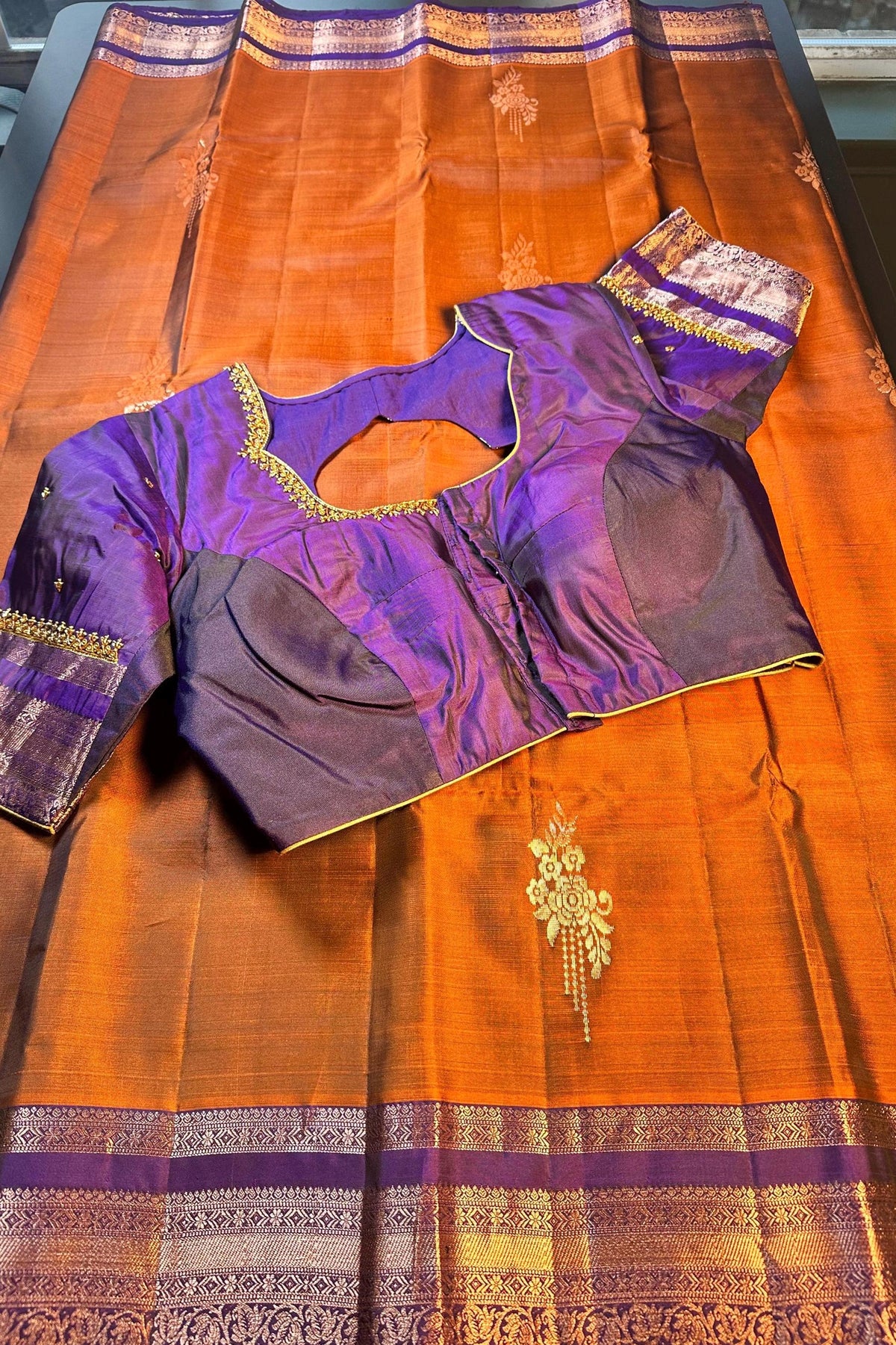 Burnt Orange Purple Handloom Kanjivaram Silk Saree, Handloom  Saree with Stitched Blouse, Ready to Wear Indian Wedding Saree
