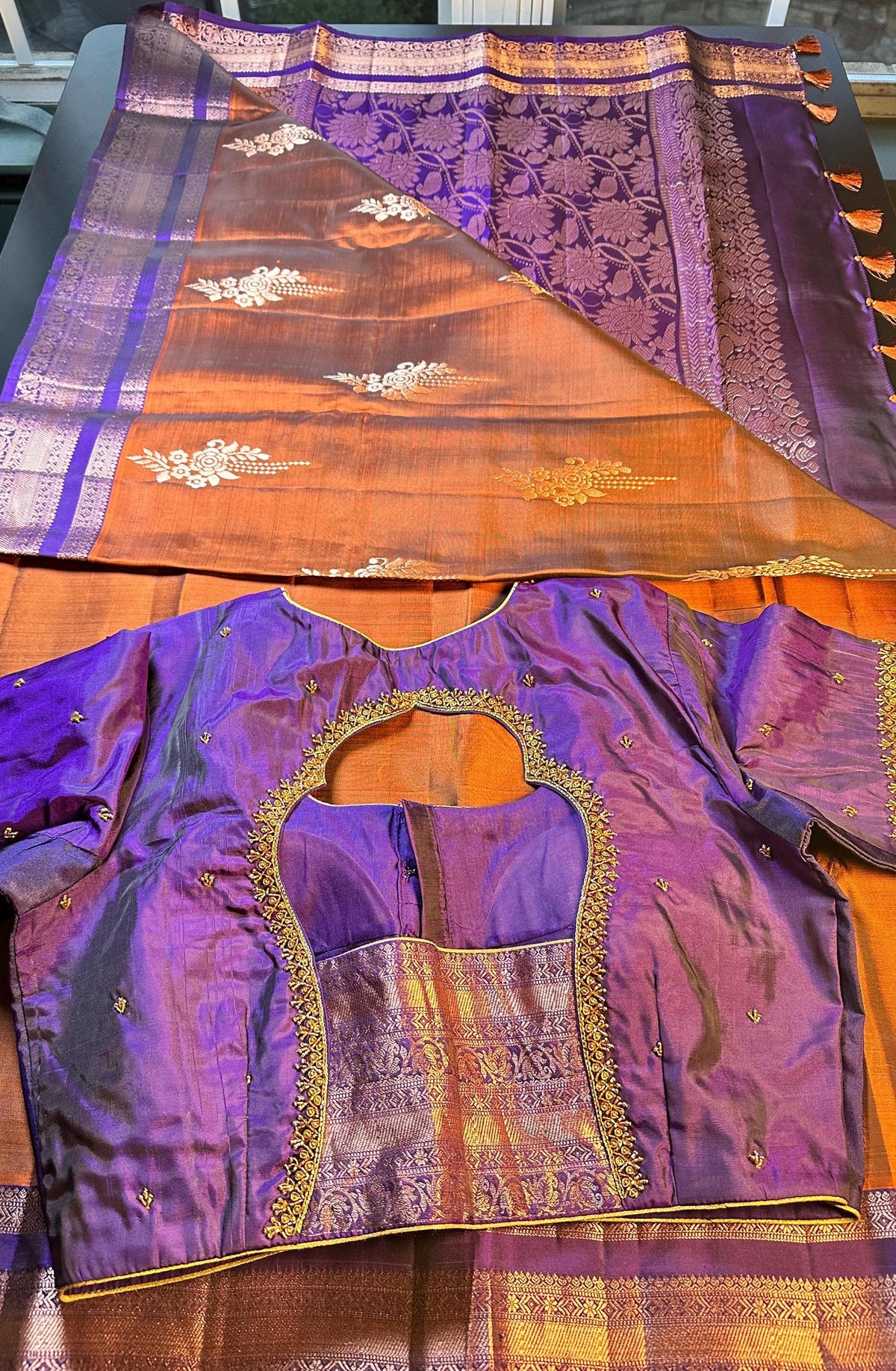 Burnt Orange Purple Handloom Kanjivaram Silk Saree, Handloom  Saree with Stitched Blouse, Ready to Wear Indian Wedding Saree