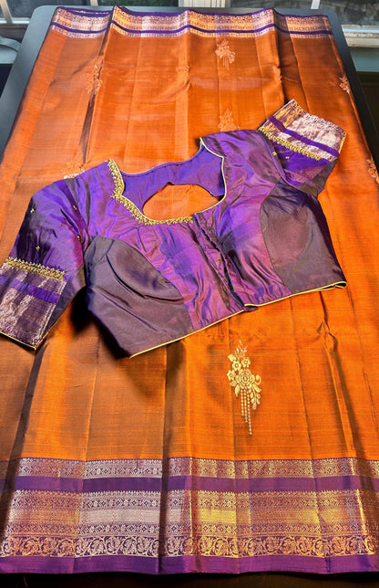 Burnt Orange Purple Handloom Kanjivaram Silk Saree, Handloom  Saree with Stitched Blouse, Ready to Wear Indian Wedding Saree